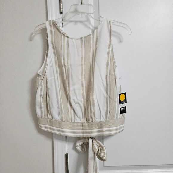 NWT A.N.A 2-Piece Set Top Skirt Women's Large Tan White Striped Two Front Slits - Picture 9 of 15